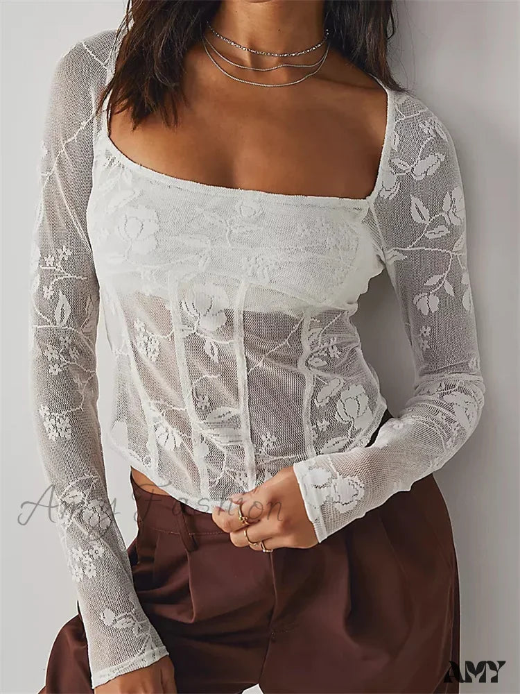 Amy Fashion - Long Sleeve See Through Retro Square Neck Lace T-Shirts