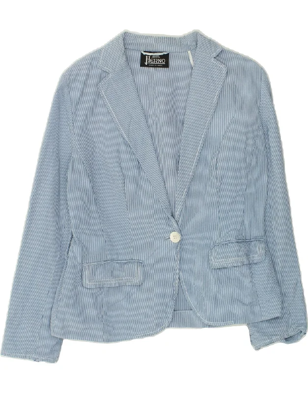 HERNO Womens 1 Button Blazer Jacket IT 48 XL Blue Pinstripe Cotton