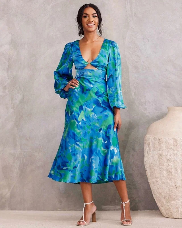 Kora Satin Midi Dress - Green/Blue Print