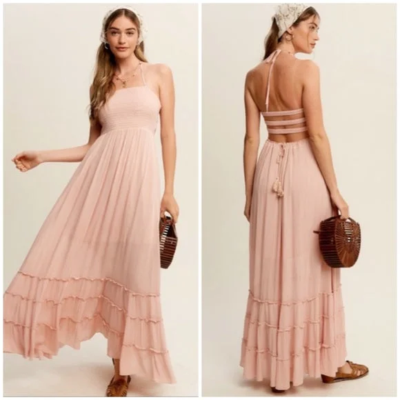 Blush Pink Forever Yours Tiered Woven Bohemian Maxi Summer Dress Women's