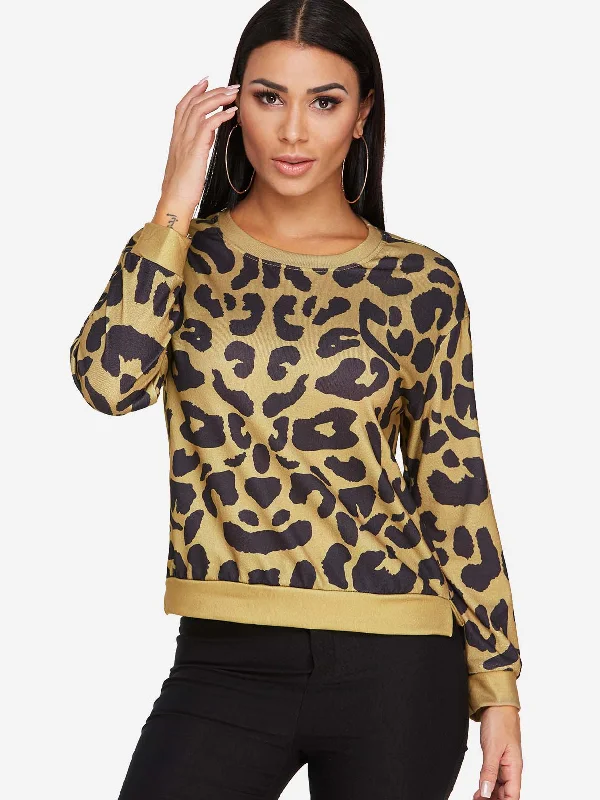 Custom Round Neck Leopard Long Sleeve Slit Hem Yellow T-Shirts