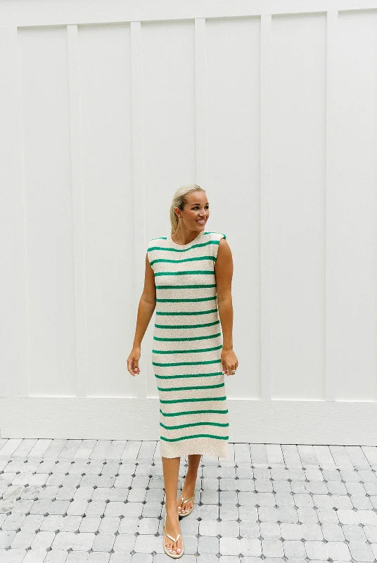 Stay Happy Midi Dress - Ecru/Emerald