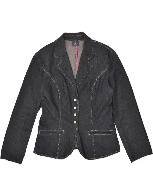 TRUSSARDI Womens 4 Button Denim Blazer Jacket IT 46 Large Navy Blue Cotton