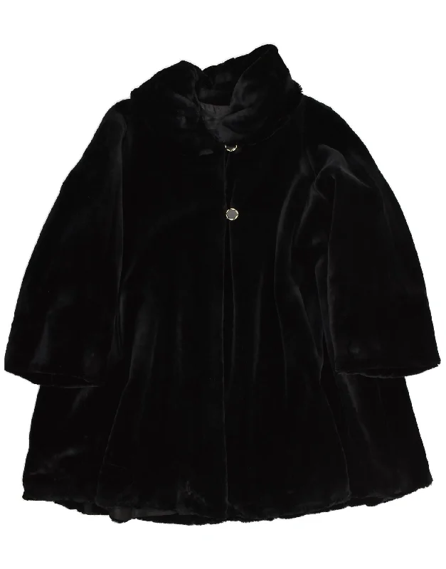 VINTAGE Womens Faux Fur Overcoat UK 8 Small Black Acrylic