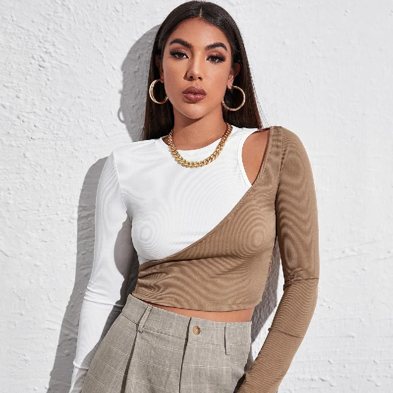 Colorblock Hollow O-neck Long Sleeve Crop Top