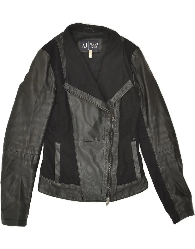 ARMANI Womens Leather Jacket EU 38 Medium Black Colourblock Leather