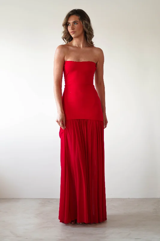 Mel Strapless Chiffon Skirt Maxi Dress | Red