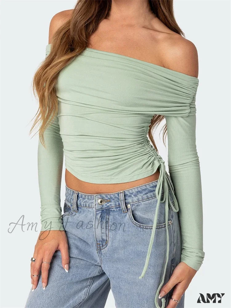 Amy Fashion - 90s Off Shoulder Long Sleeve Slim FitRetro Ruched Tie Up T-Shirts