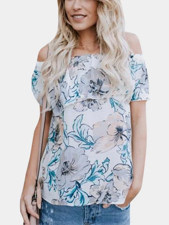 Custom Off The Shoulder Floral Print Short Sleeve T-Shirts