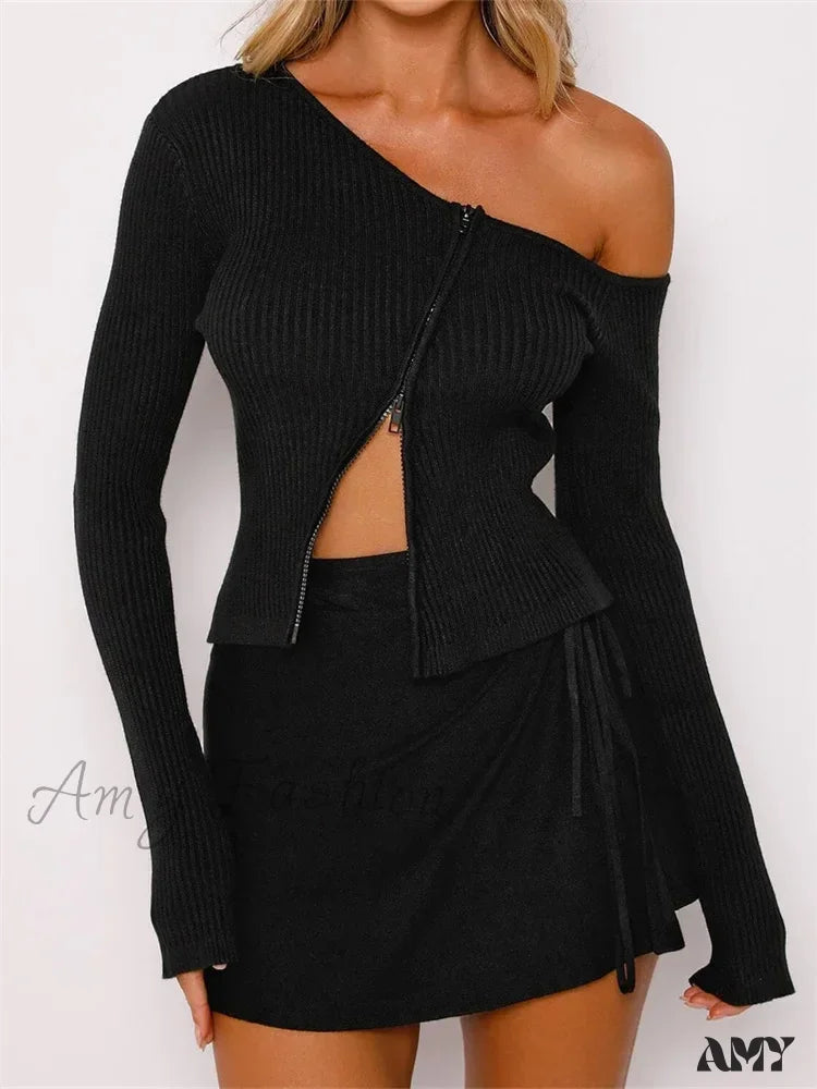 Amy Fashion - Long Sleeve Off Shoulder Front Zip Up Ribbed Knitted Cardigan T-Shirts