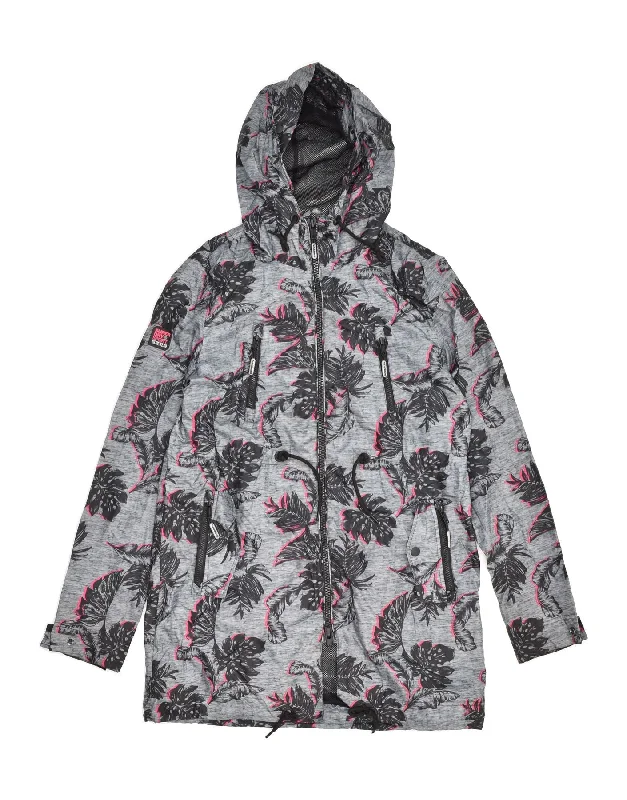 SUPERDRY Womens Hooded Windbreaker Coat UK 14 Medium Grey Floral Polyester