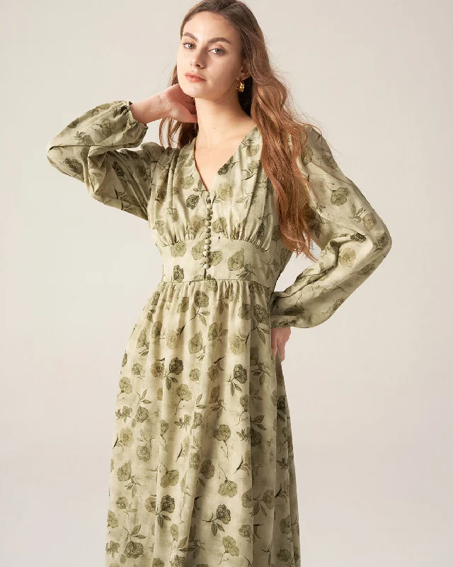 Green Floral Lantern Sleeve Midi Dress