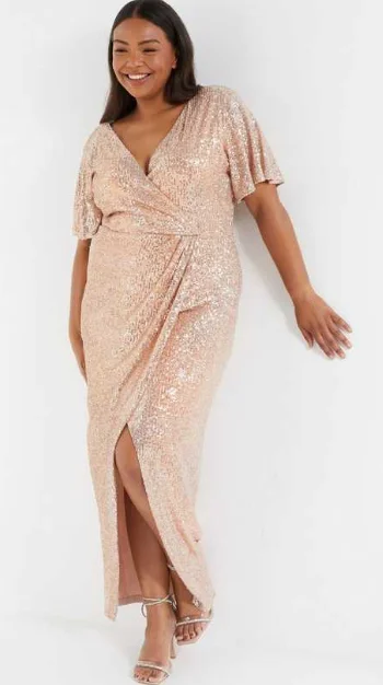 Pink Sequin Wrap Midi Dress