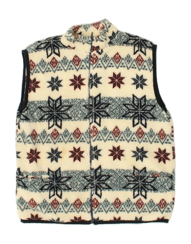 VINTAGE Womens Fleece Gilet UK 16 Large Off White Fair Isle Polyester