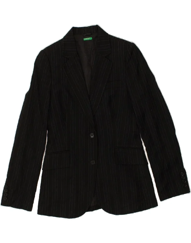 BENETTON Womens 2 Button Blazer Jacket IT 40 Small Black Pinstripe Wool